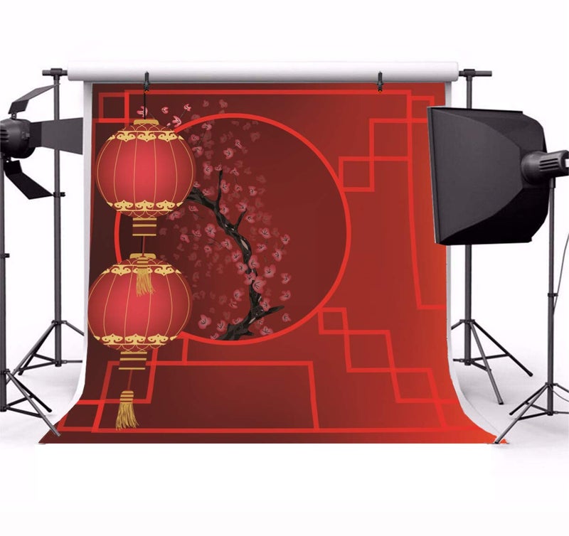 AOFOTO 5x5ft Chinese Lunar New Year Red Lanterns Backdrop Traditional Spring Festival Decoration Ancient Pane Window Plum Blossoms Red Photography Background Oriental Asian Theme Home Decor Props - Image 4